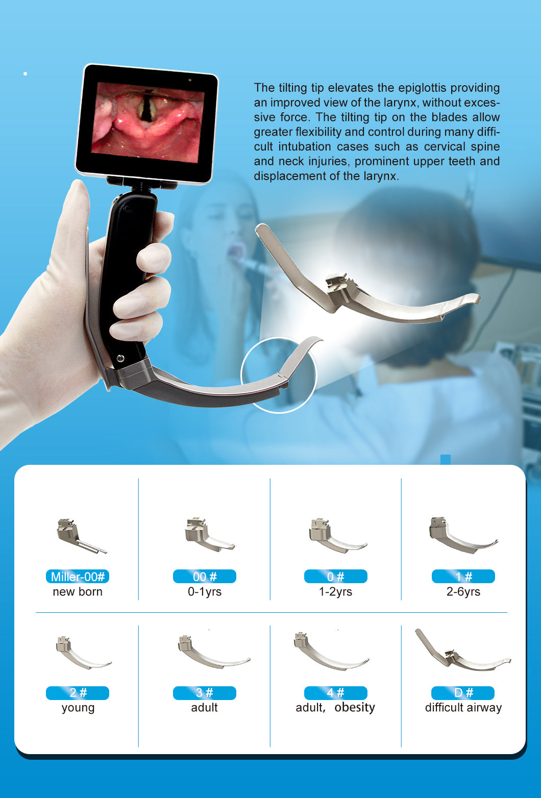 Surgical Laryngoscope 3'' TFT OLED Portable Video Laryngoscope with Reusable Blades